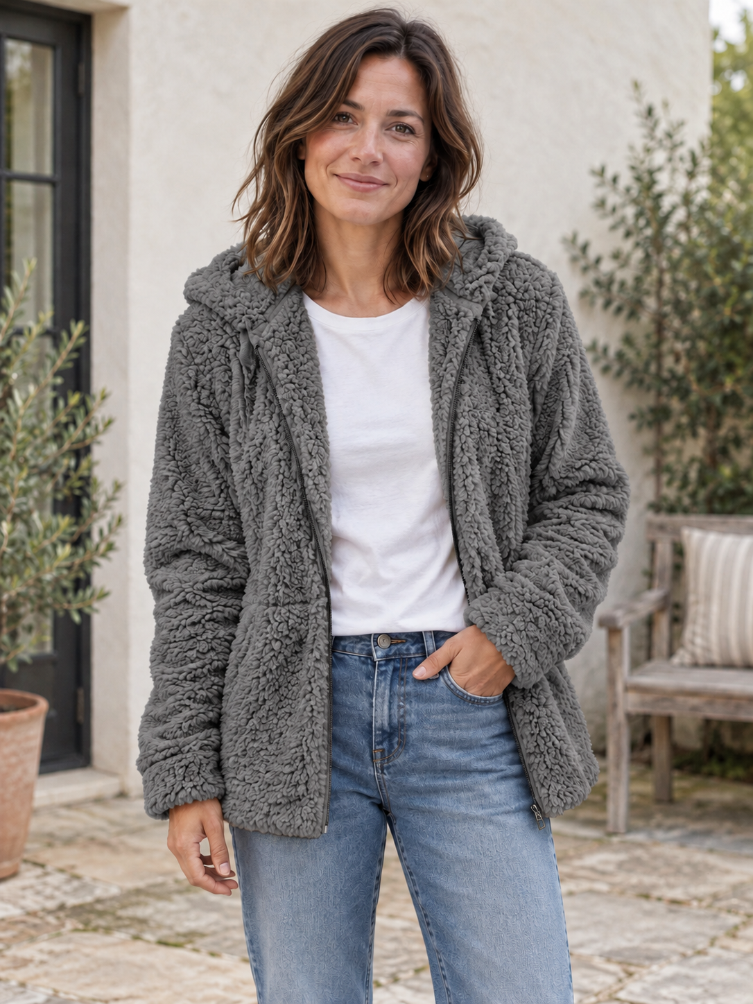 TERESA | Chaqueta efecto borreguito con capucha