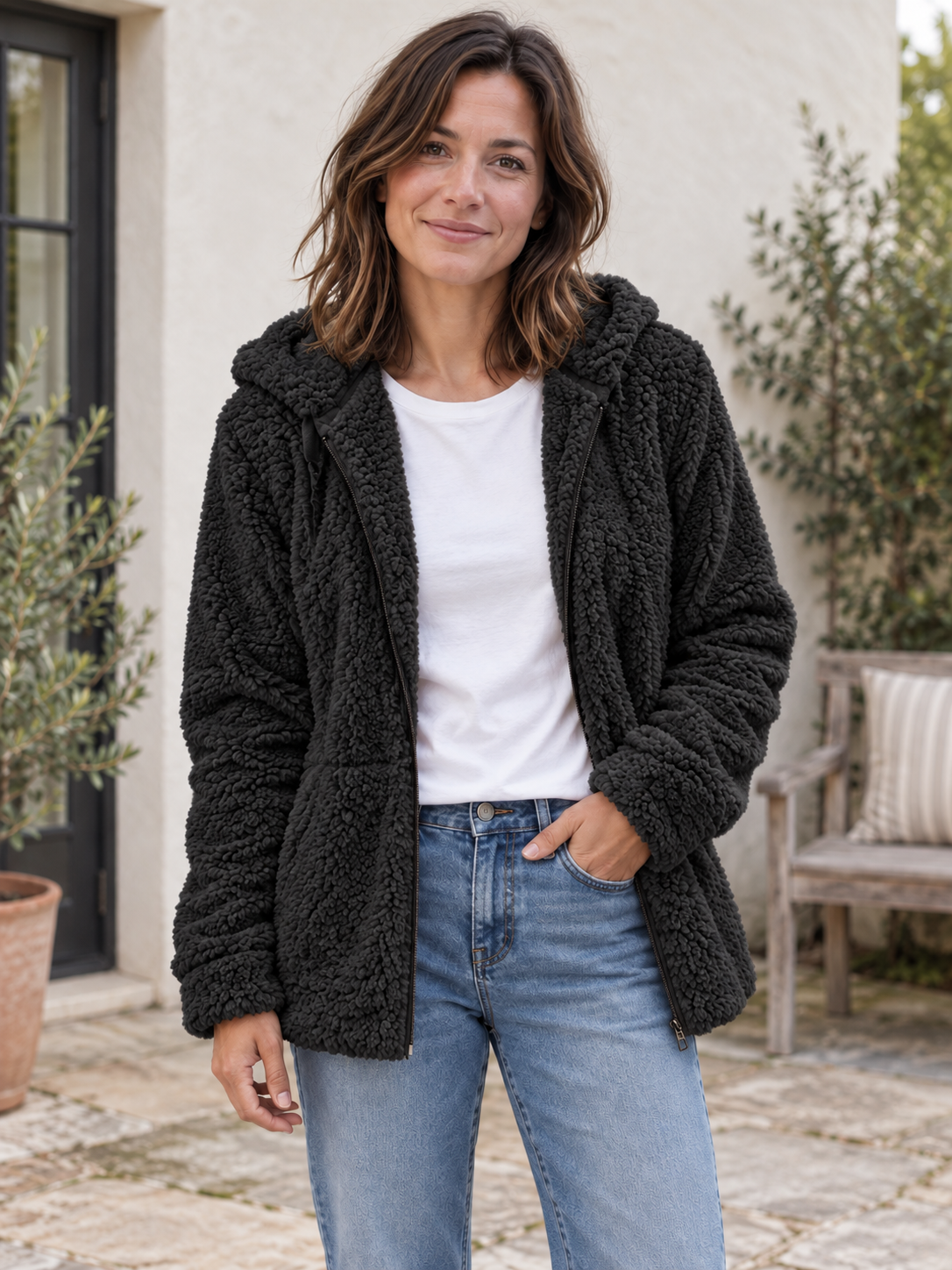 TERESA | Chaqueta efecto borreguito con capucha